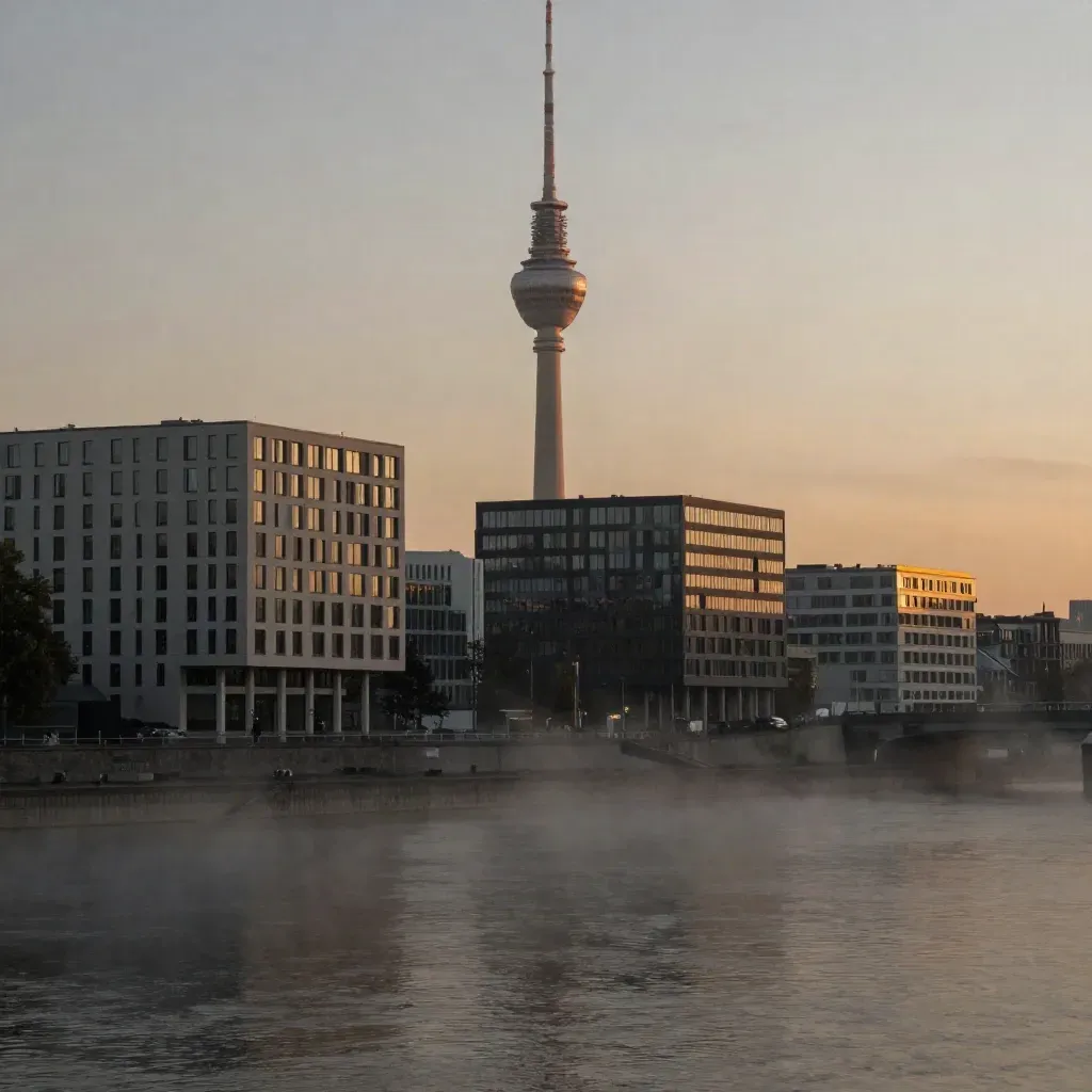 Fernsehturm über der Spree im Morgennebel mit ruhiger Uferlinie in Berlin-Mitte