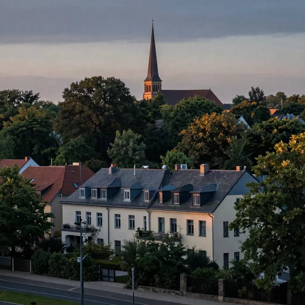 Grunewald-Treeline mit Villendächern und Kirchturm im Dämmerlicht über ruhiger Straße.