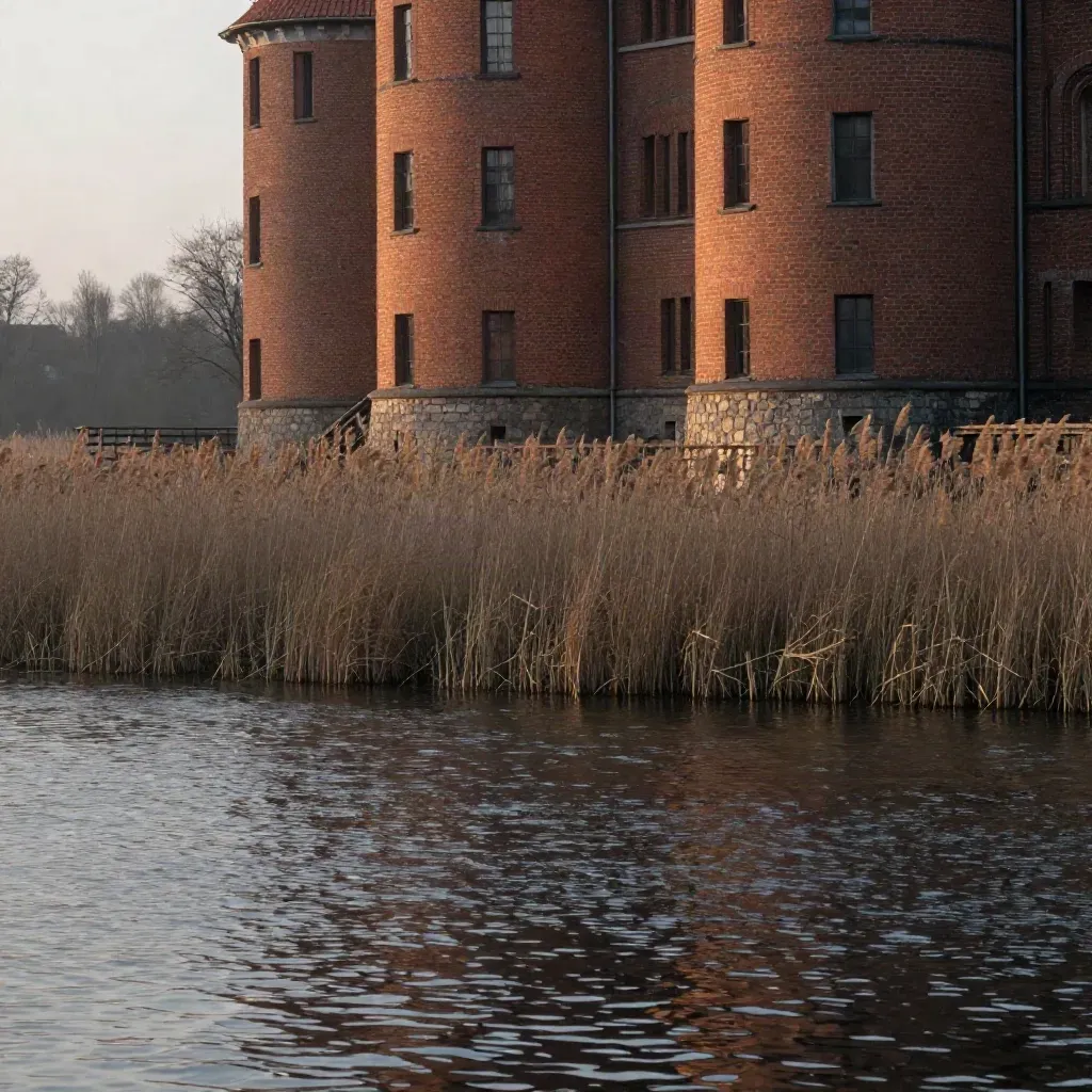 Spandauer Zitadelle über Havel-Schilf und ruhigem Wasser im warmen Abendlicht