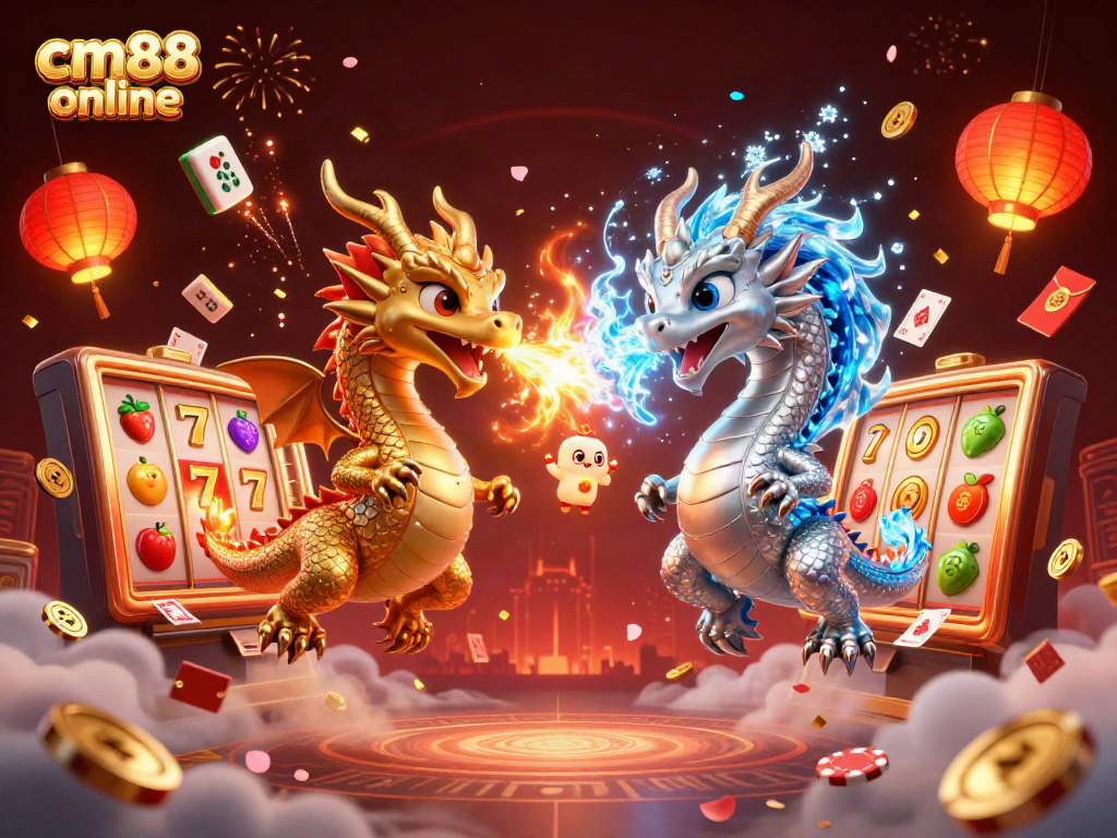 Experience exhilarating gameplay with cm88 online as gold and silver dragons intertwine in a vibrant casino scene.