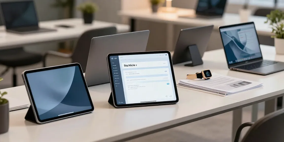Die neuesten Gadgets in einer modernen Büroumgebung mit Laptops, Tablets und Smartwatches.
