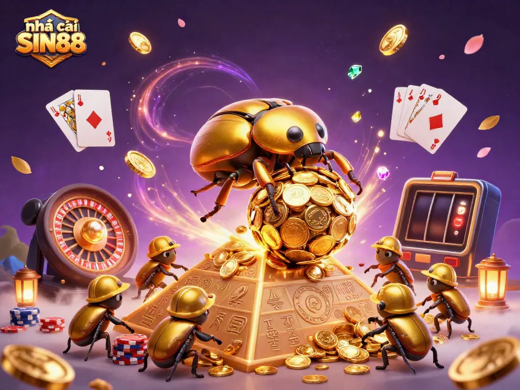 Experience the excitement with nhà cái SIN88 featuring a golden beetle amidst cascading casino elements.