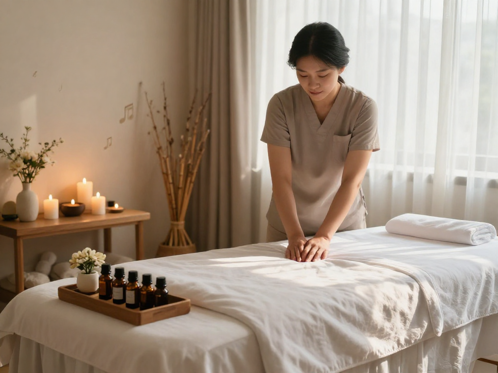 Relaxation and rejuvenation in a serene spa setting for 서울출장안마, featuring massage therapy setup and calming ambiance.