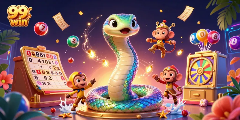 Experience the excitement of 99 win with a rainbow serpent and monkey king amidst dynamic lottery elements