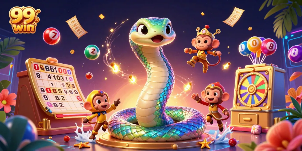 Experience the excitement of 99 win with a rainbow serpent and monkey king amidst dynamic lottery elements