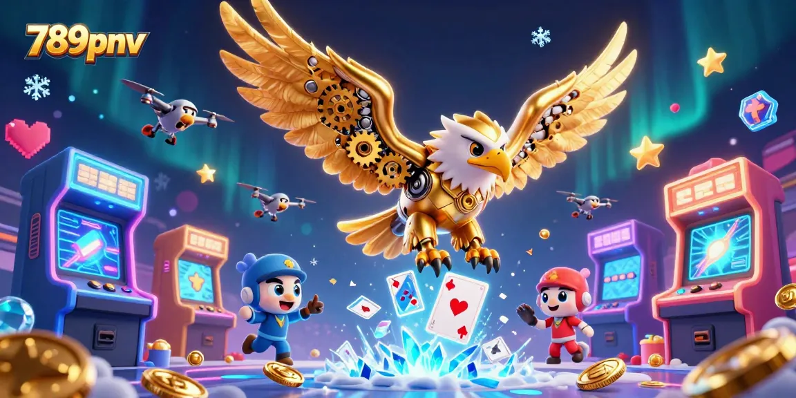 Experience the excitement of 789pnv with a cybernetic eagle amid a cascade of casino game elements.