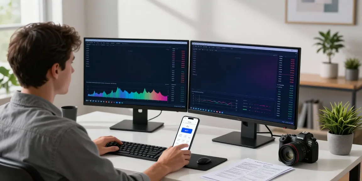 Dynamic scene of a person using an internet-money wallet on dual monitors while trading crypto.