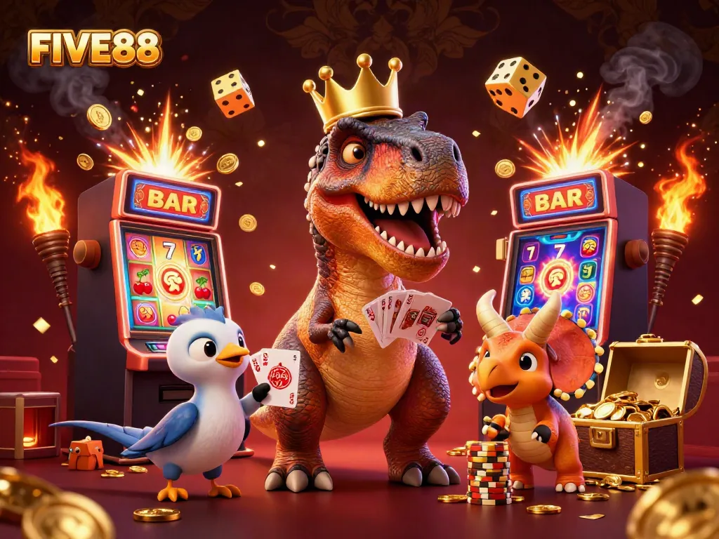FIVE88 showcases a fun casino scene with a T-Rex and friends amidst a spectacular jackpot explosion.