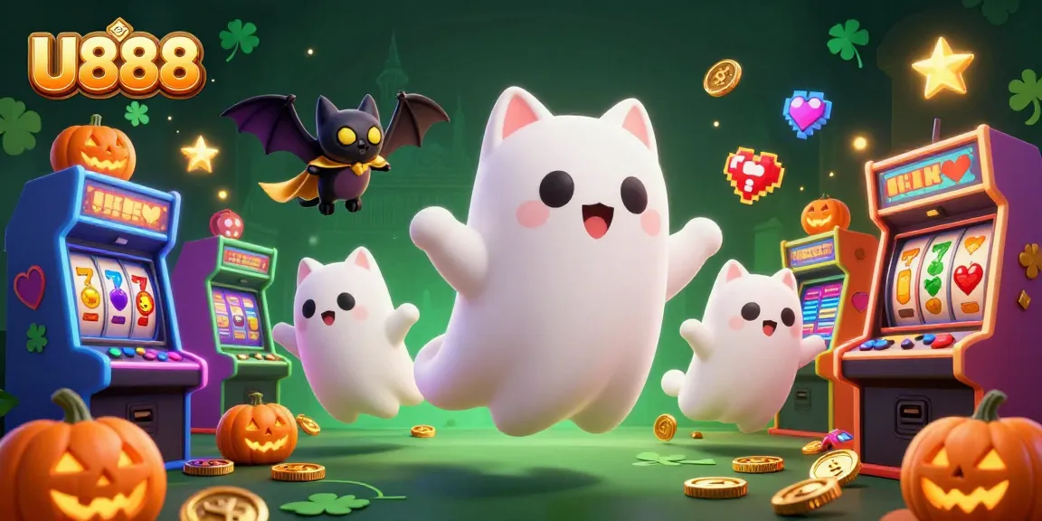 U888 vibrant casino scene with ghost cat and vampire bat amidst glowing arcade elements.