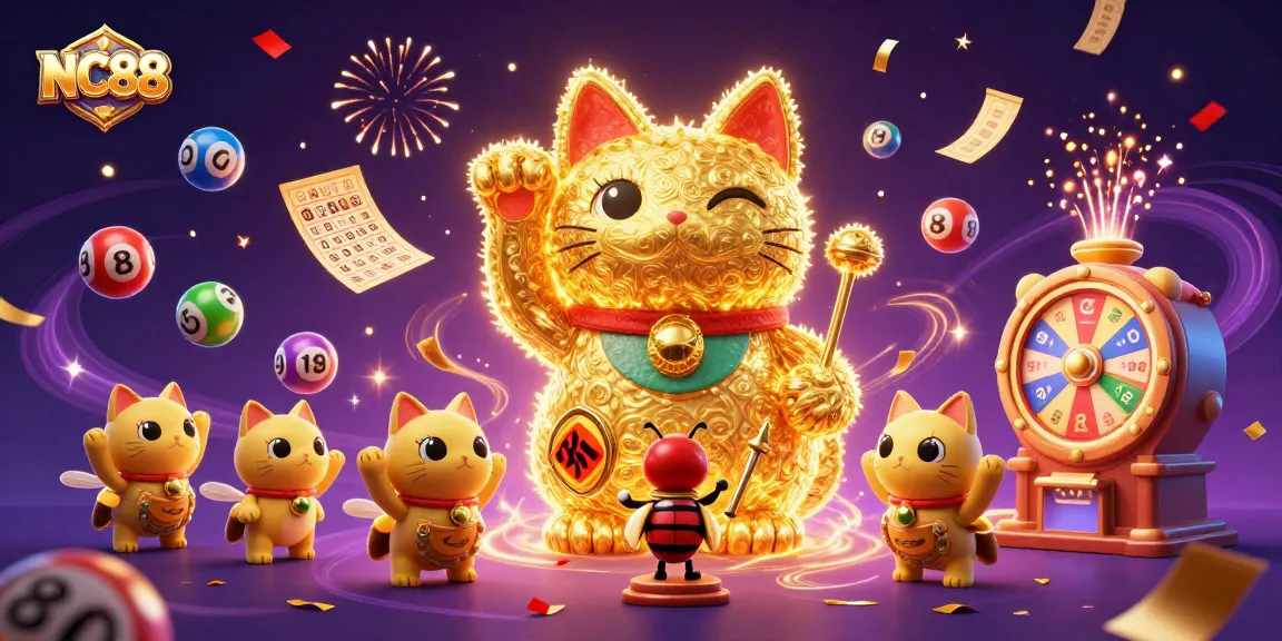 Experience the thrill of NC88's vibrant gaming atmosphere with dynamic lottery and casino symbols.