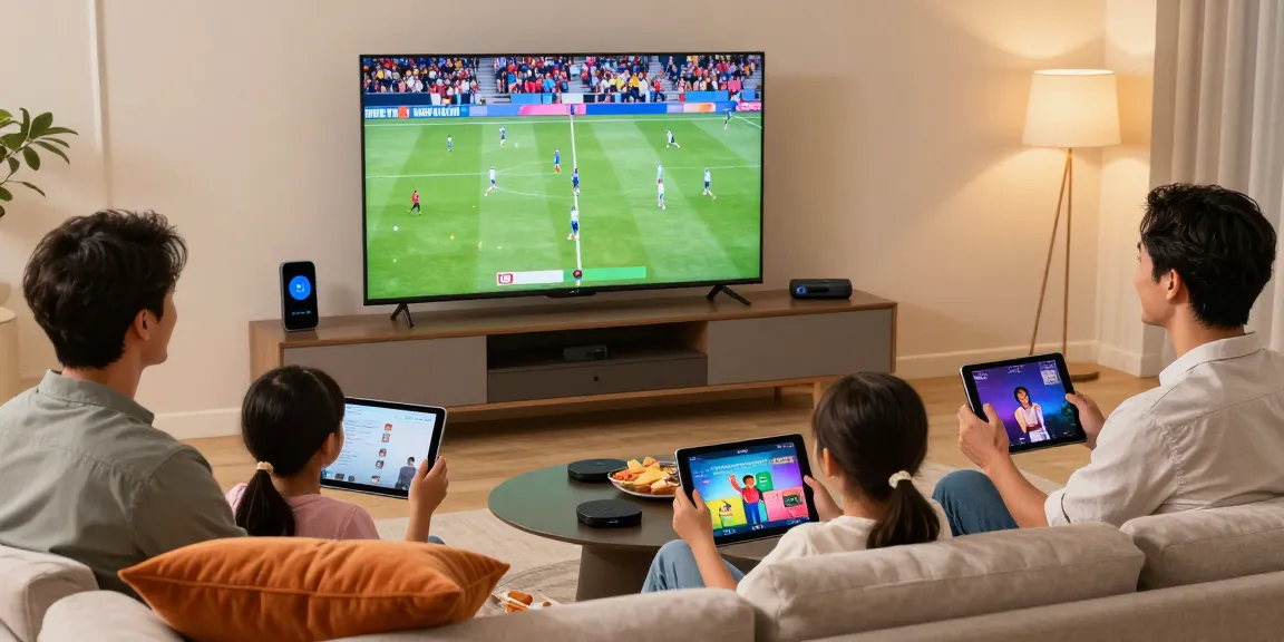 iptv kaufen für das beste Fernseherlebnis mit der Familie, modernes Wohnzimmer mit Smart TV und fröhlichen Nutzern.