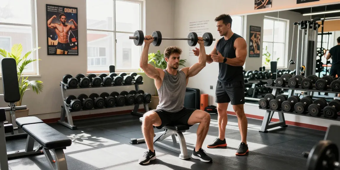 Ein Benutzer von Prime Pharma Steroiden hebt Gewichte in einem lebhaften Fitnessstudio und zeigt Krafttraining.