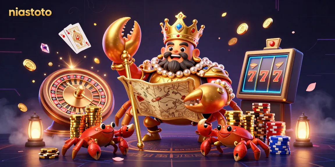 NIASTOTO showcases a cartoon crab emperor leading a vibrant casino scene with bright golden treasures.