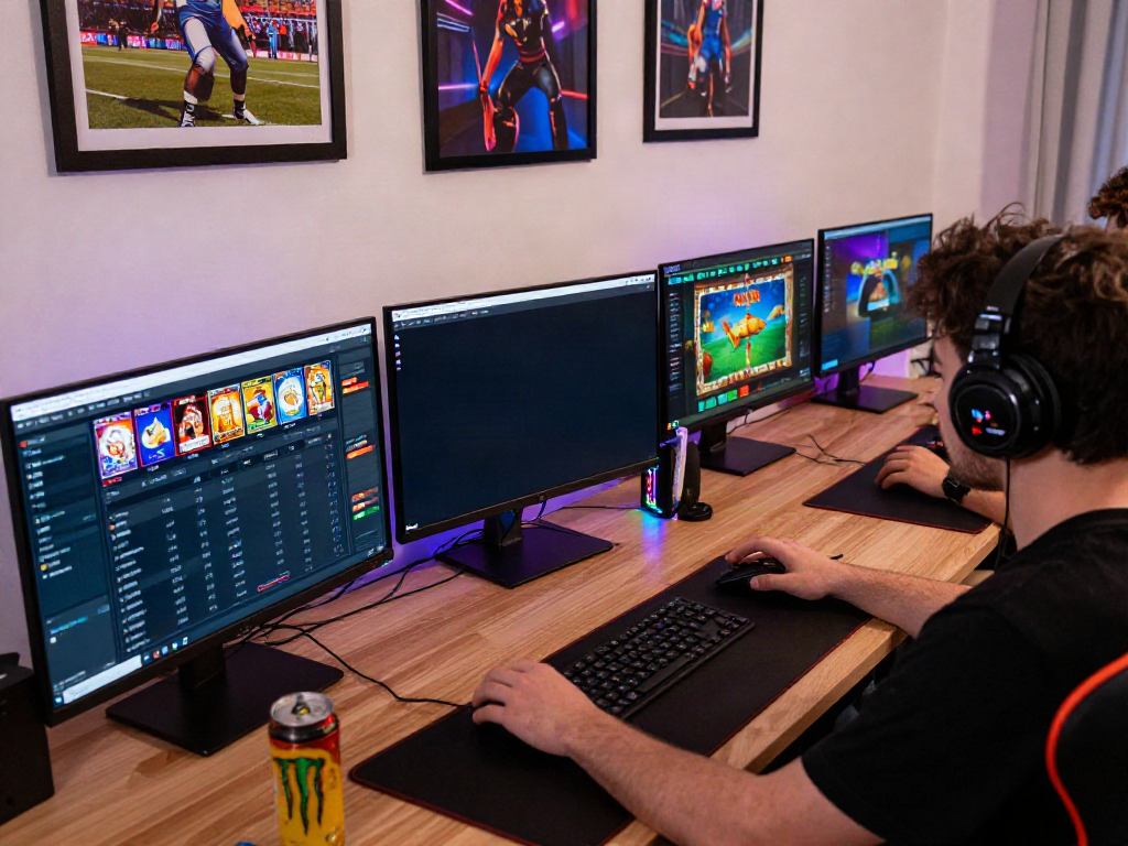 Engaged player at UK88com's online gaming platform, showcasing vibrant casino games.