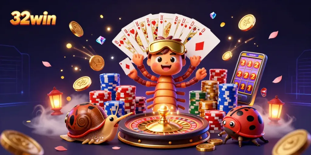 Engage with thrilling gaming action at 32win, featuring dynamic casino elements and vibrant characters.