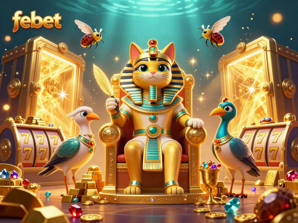 Experience epic wins with febet's vibrant casino scene featuring a pharaoh cat and riches.