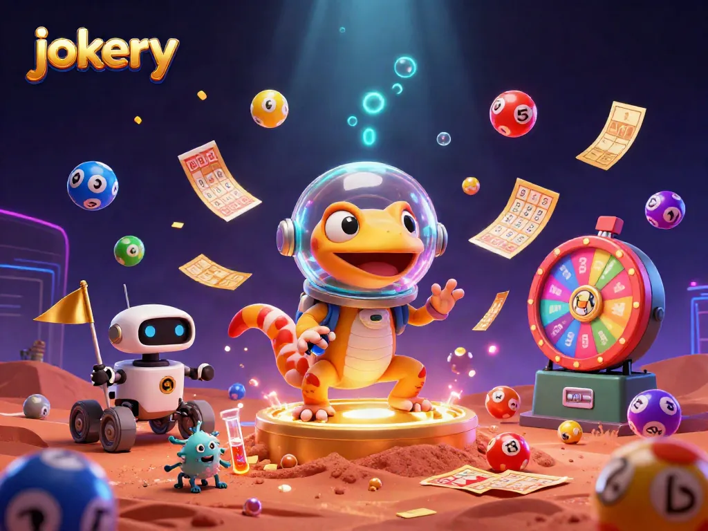 jokery casino scene with a Martian gecko discovering a golden casino amidst lottery elements