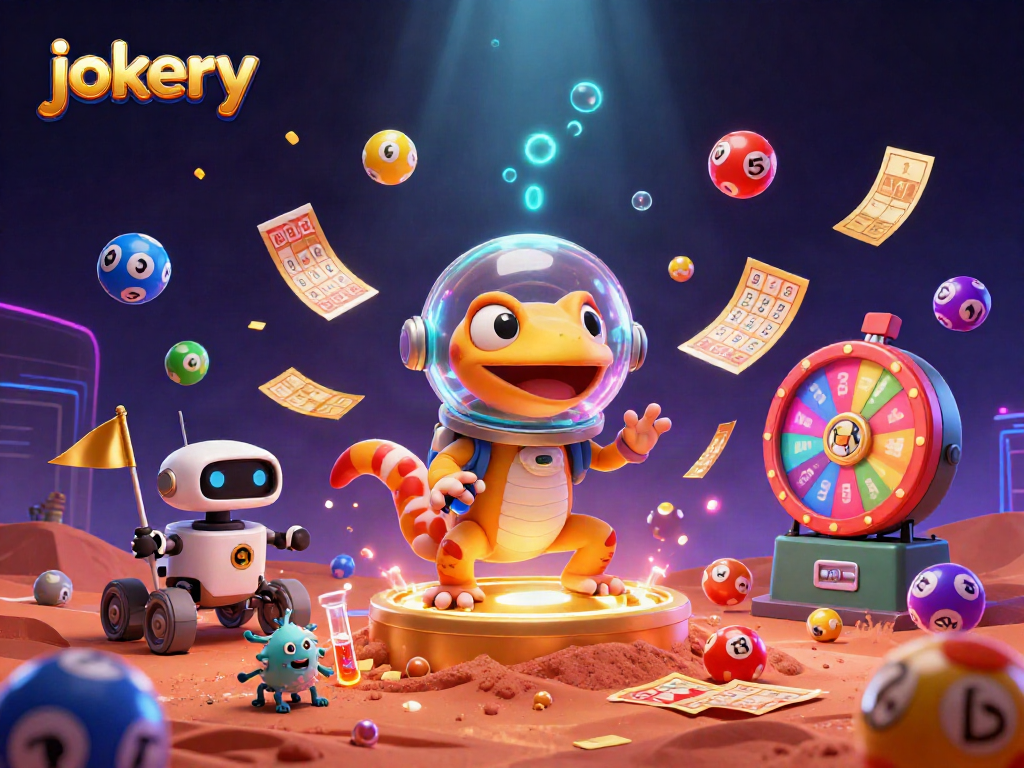 jokery casino scene with a Martian gecko discovering a golden casino amidst lottery elements