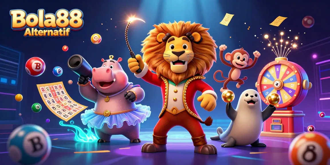 Bola88 Alternatif ignites excitement with vibrant lottery balls and casino characters in action.