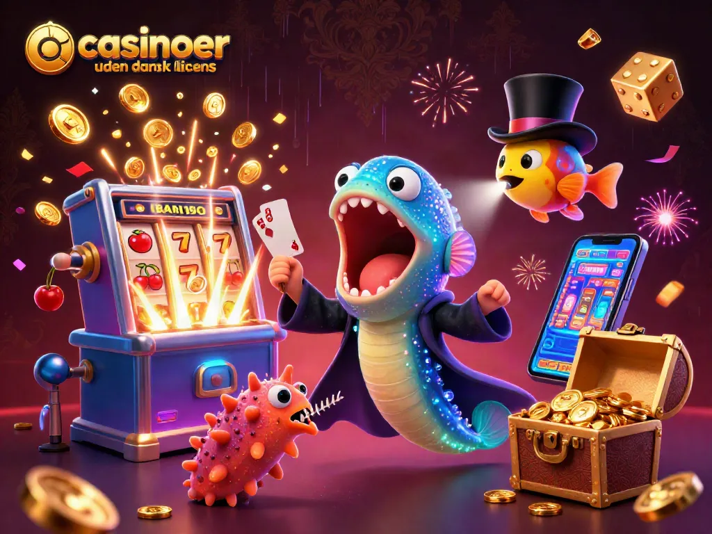 Engage with casinoer uden dansk licens through an enchanting underwater illustration featuring vibrant characters and casino elements.
