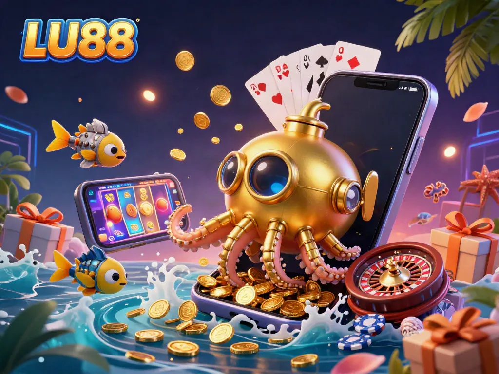 LU88 reveals a golden kraken submarine amidst a casino treasure storm, metaphorical for big wins.