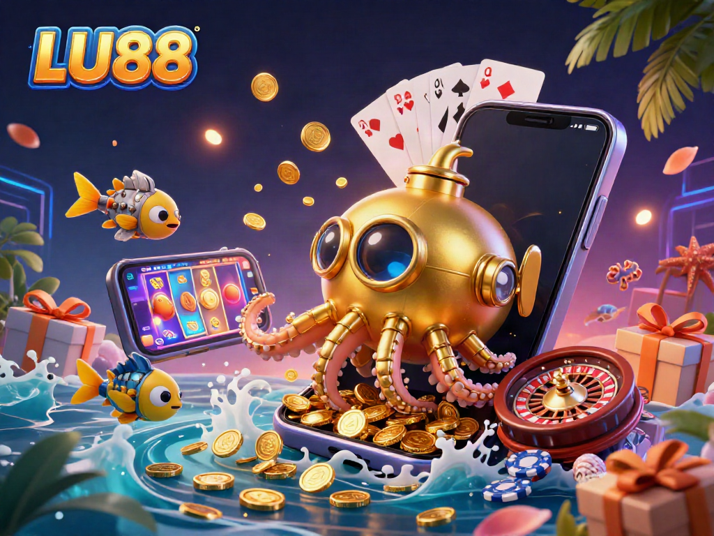 LU88 reveals a golden kraken submarine amidst a casino treasure storm, metaphorical for big wins.