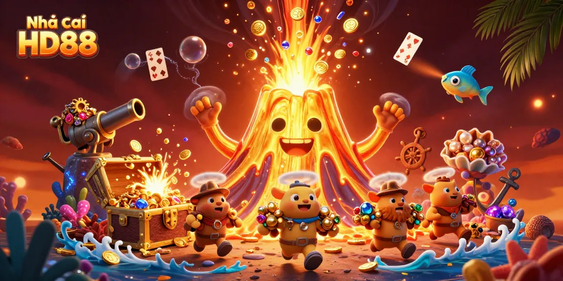 Experience the thrill of Nhà cái HD88 with treasure-filled excitement in this vibrant casino illustration.