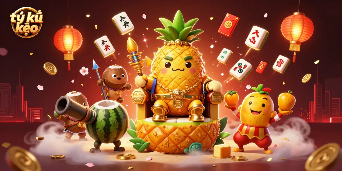 Engage with tỷ lệ kèo in a vibrant beach casino scene featuring a golden pineapple king and colorful characters.