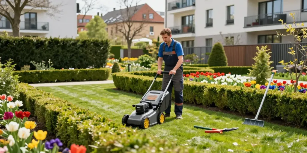Gartenpflege durch Opaluch Hausmeister in München mit gepflegten Grünflächen.
