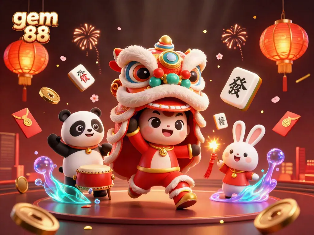Immerse in the vibrant action of gem 88 with animated characters celebrating, surrounded by festive gambling elements.