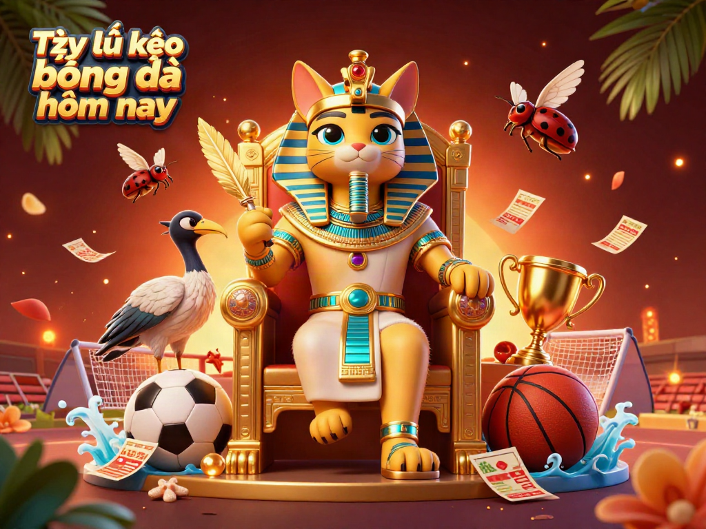 Tỷ lệ kèo bóng đá hôm nay themed illustration featuring a pharaoh cat and sports betting elements.