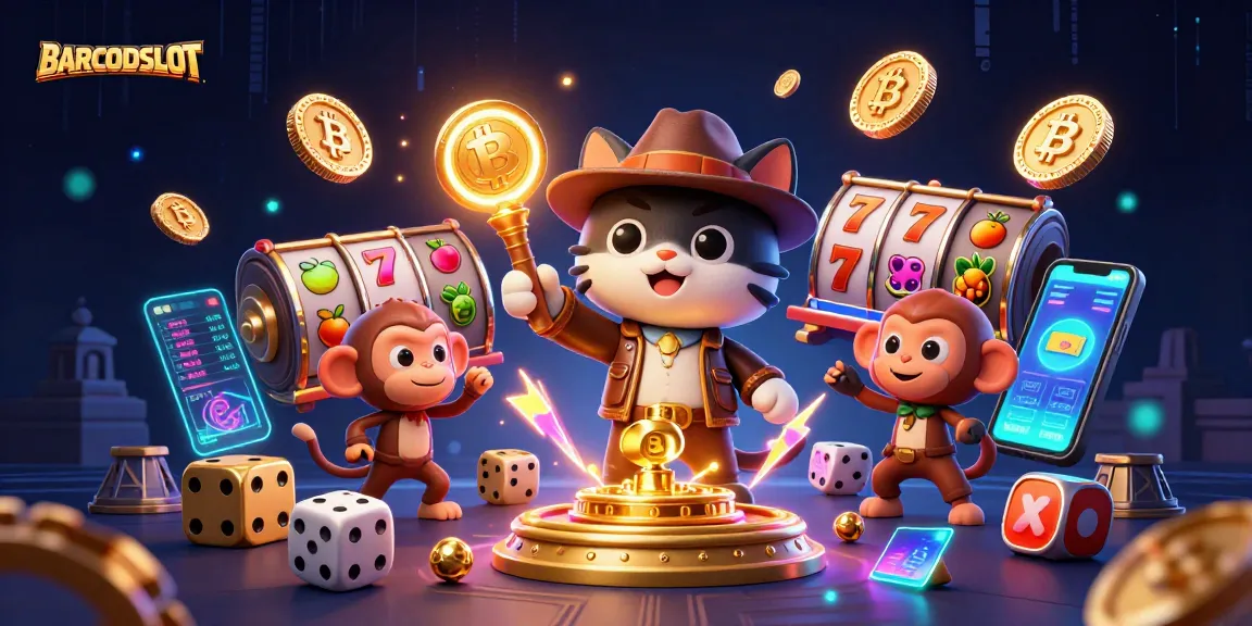 Experience BARCODESLOT gaming with vibrant slot reels and a golden artifact discovery!