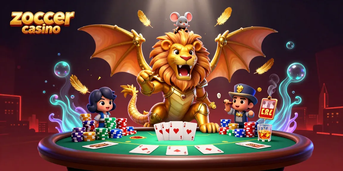 Engage with zoccer casino's thrilling theme through an epic 3D scene showcasing a victorious chimera.
