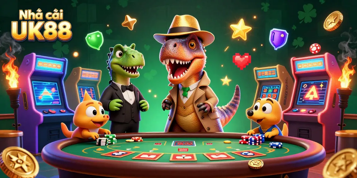 Experience thrilling gameplay at Nhà cái UK88 with an immersive casino scene featuring captivating characters and vibrant gaming elements.