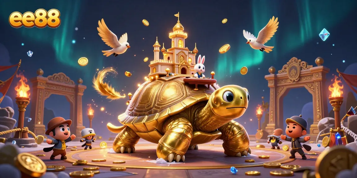 Experience exhilarating ee88 gaming with a vibrant casino scene featuring a golden tortoise.