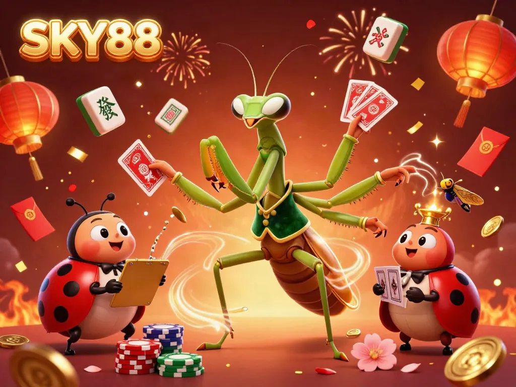 Experience dynamic casino action with SKY88 featuring a giant mantis card sharp and festive elements.