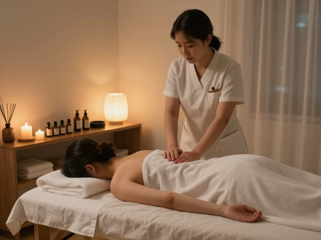 동탄출장마사지 relaxing home massage therapy scene with professional Korean therapist.