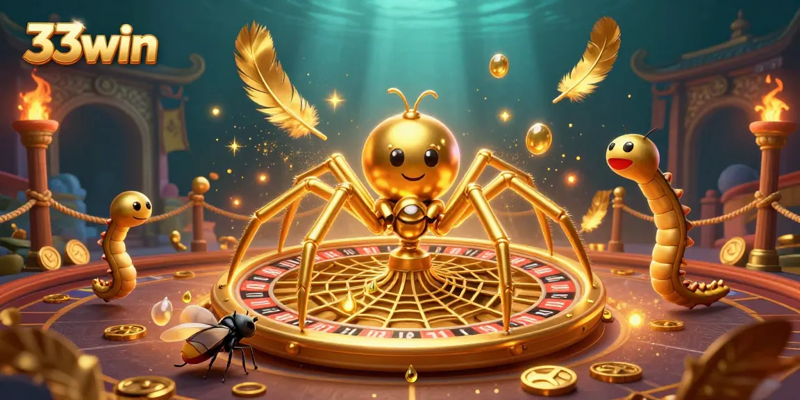 Experience thrilling bets with 33win in a lively casino scene featuring a golden spider and dynamic action.