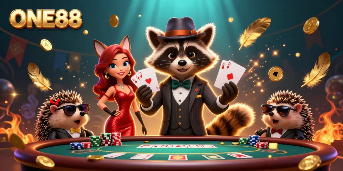Experience the thrill at ONE88 with a suave raccoon, fox lady, and hedgehog at a poker table.