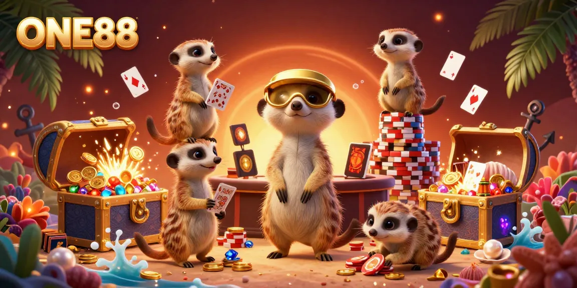 Engage in thrilling casino games at ONE88 with colorful underwater treasures and meerkat characters.