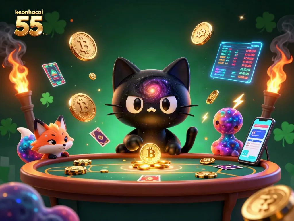 Engage with keonhacai 55 as the cosmic cat attracts golden chips and cards in a vibrant digital casino.