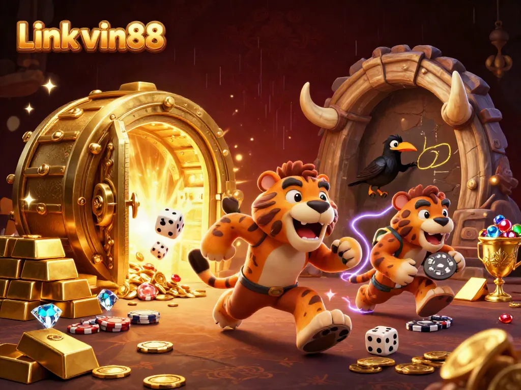 Experience exciting bets at Link vin88 in this vibrant 3D casino scene with cavemen and treasures.