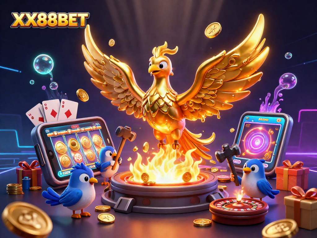 Experience the excitement of XX88BET as a molten phoenix transforms with gold coins and vibrant slot action.