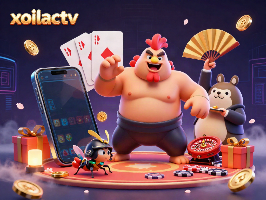 Xoilactv showcases a lively scene with a cartoon sumo wrestler and dynamic gambling elements.