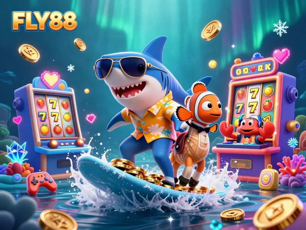 Engage with FLY88's vibrant casino scene featuring a shark, a clownfish, and interactive elements.
