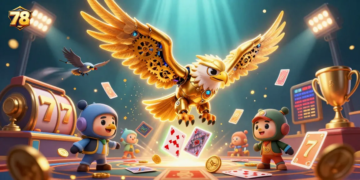 Shoot for big wins at 78WIN with a dynamic 3D illustration of a golden eagle among slot reels and cards.