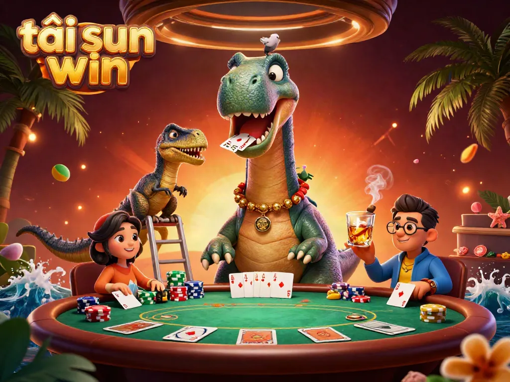 Engage in fun gameplay with tải sun win as the brontosaurus observes a thrilling poker game under the casino ceiling.