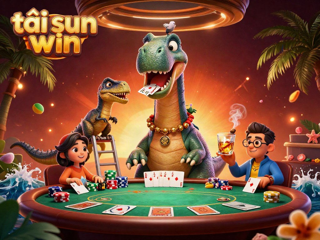 Engage in fun gameplay with tải sun win as the brontosaurus observes a thrilling poker game under the casino ceiling.