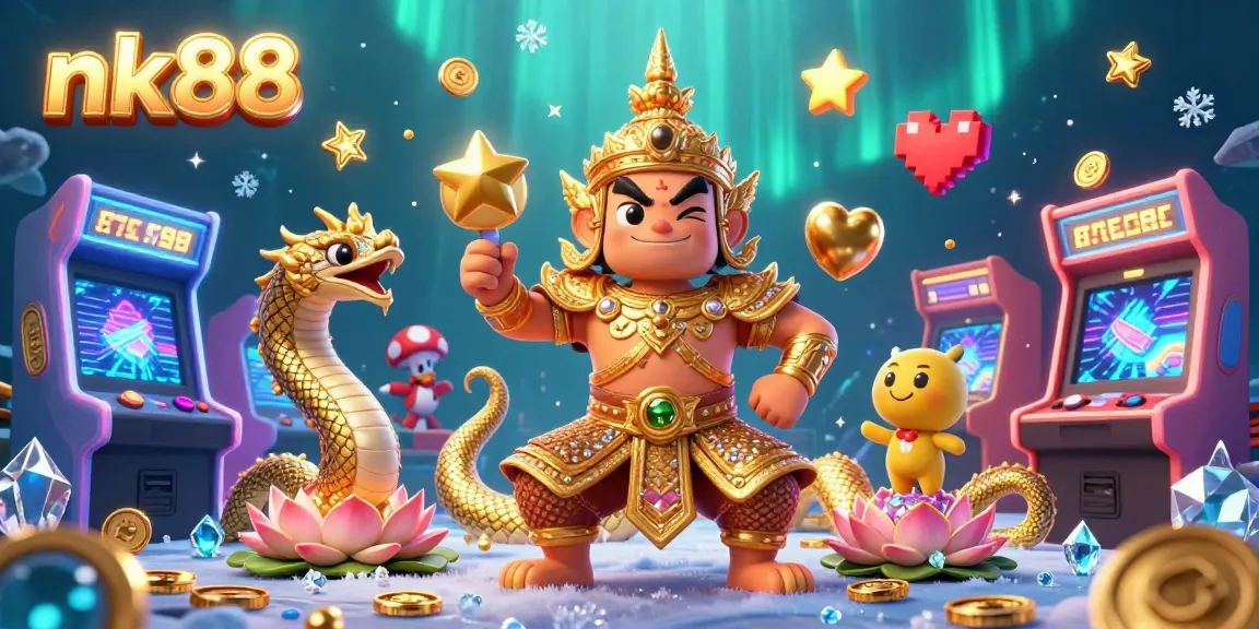 Play engaging arcade-style casino games at nk88 with vibrant characters and gold elements.