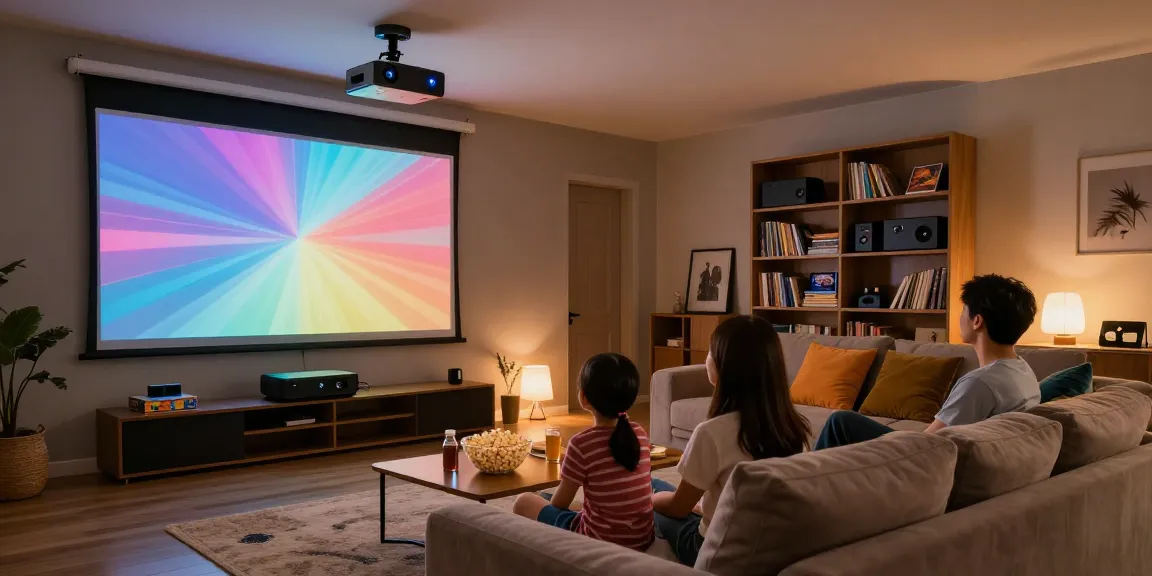 Best projector 2026 illuminating a cozy home theater, showcasing family entertainment with vibrant visuals and ambient lighting.